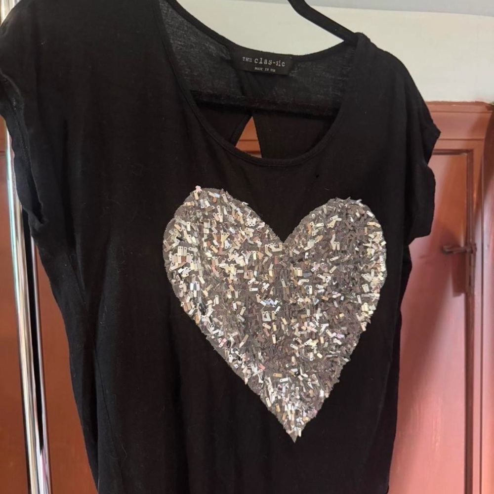 Black Tee with Silver Heart Sequin Design
